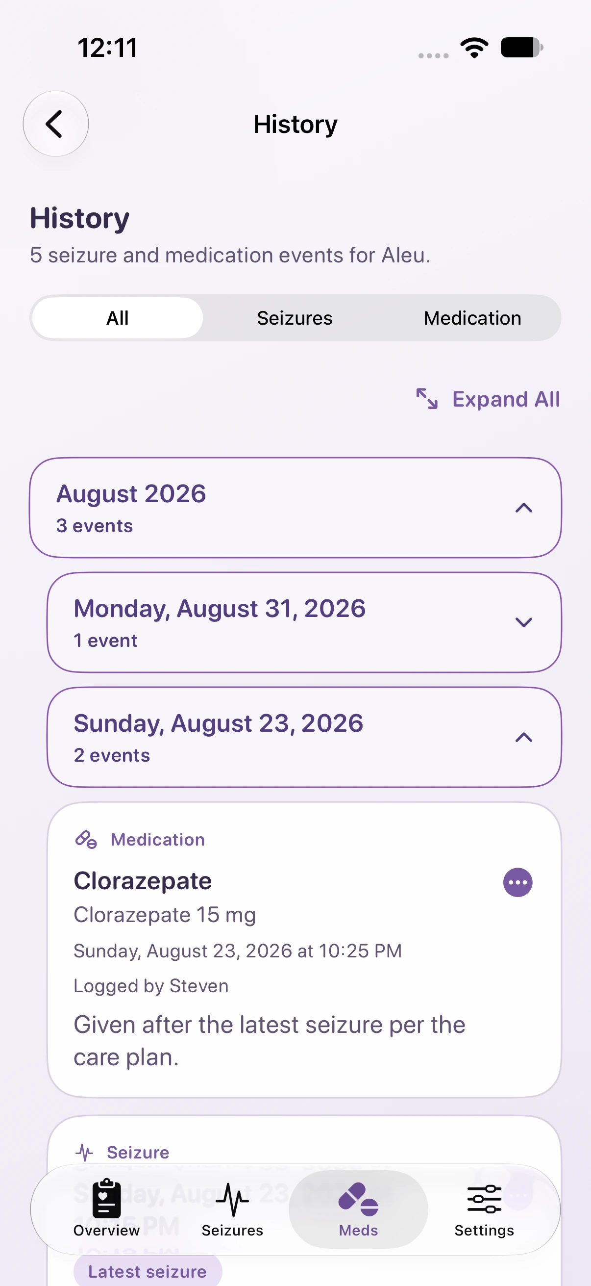 Leu History with All events selected, showing seizures and medication doses by date