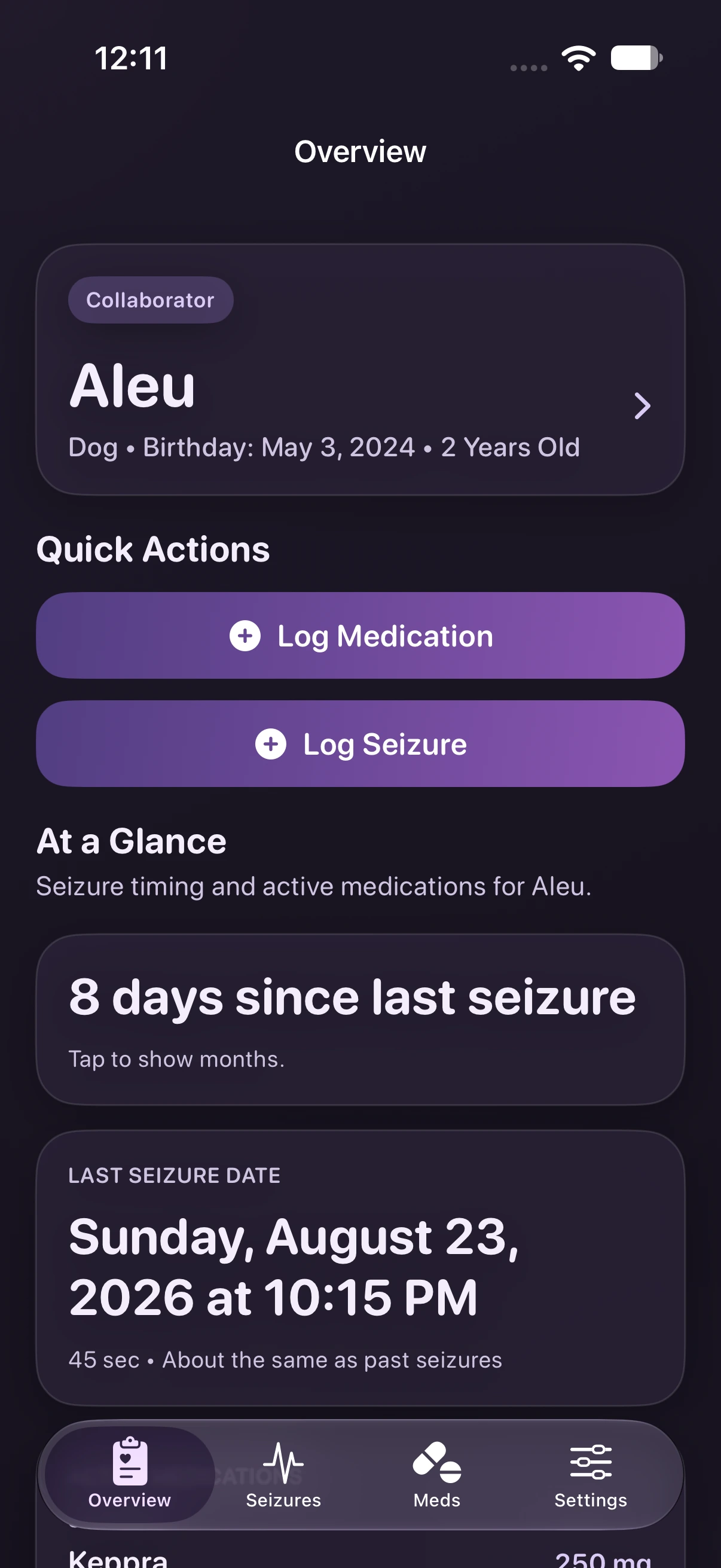 The same Aleu Overview with the Collaborator role in Dark Mode