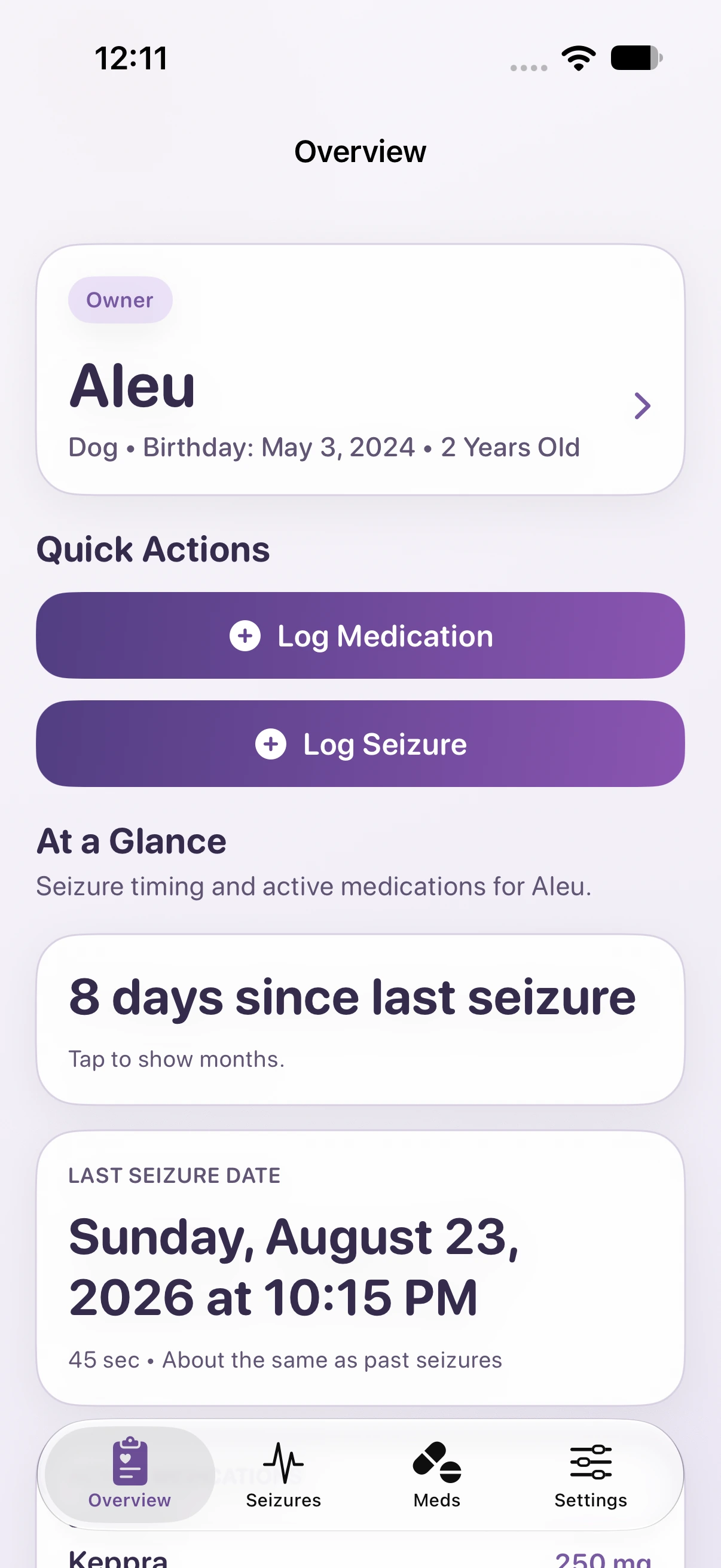 Leu Overview showing a pet profile, quick logging actions, and recent seizure information